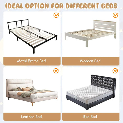 Foldable Bed Rail For Toddlers And Tots 71 Inch Safety Guard With Straps shown on different bed frames: metal, wooden, leather, box.