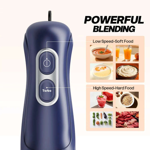 Close-up of Corded Immersion Blender With 400 Watt Copper Motor And Two Speed Modes BPA Free hand mixer control buttons for blending.