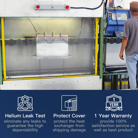 Helium leak test on 16x17 Water To Air Heat Exchanger with 1 inch copper ports and hot water coil in a manufacturing setup.