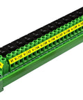 Din Rail Mount 12 Channel Rocker Switch DC Power Distribution Strip Module, green with black switches, front view.