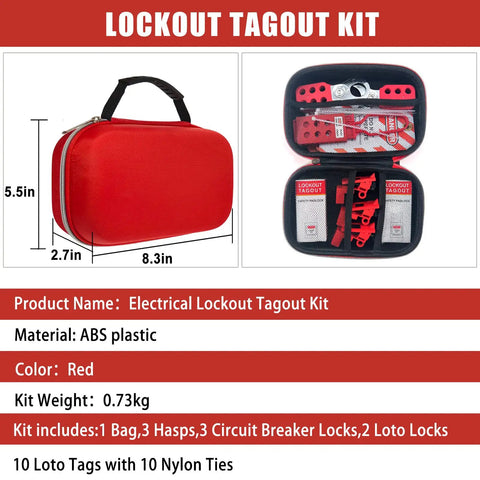Pro Grade OSHA Lockout Tagout Kit, 19 Piece Electrical Safety Set with red ABS plastic case, hasps, breaker locks, and tags.