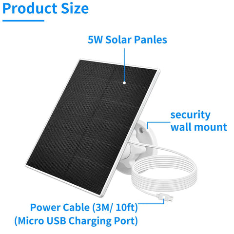 5W Outdoor Solar Panel For Wireless Security Cameras With USB C And Micro USB Compatibility, shown with wall mount and 10ft cable