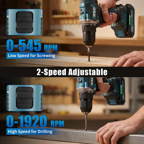 Heavy Duty Cordless Drill And Driver With Badass Brushless Motor Killer 75 Nm Torque showcases low and high speed settings for versatile tasks.