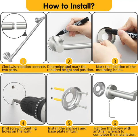 Installation steps for Slick Heavy Duty Towel Bar For Modern Bathroom With Premium Grade Brushed Nickel Finish Two Piece Split Wall Mount Rack.