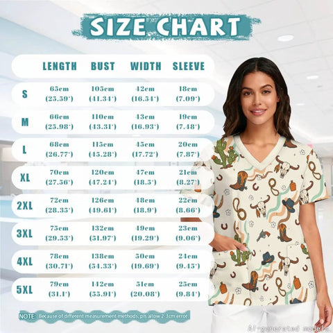 Women Western Cowboy Print Scrubs Set With Deep Multi Pocket Elastic Waist Healthcare Uniforms For Nurses And Dental Assistants Designed For Go Getter Days And Ride Or Die Comfort size chart with measurements