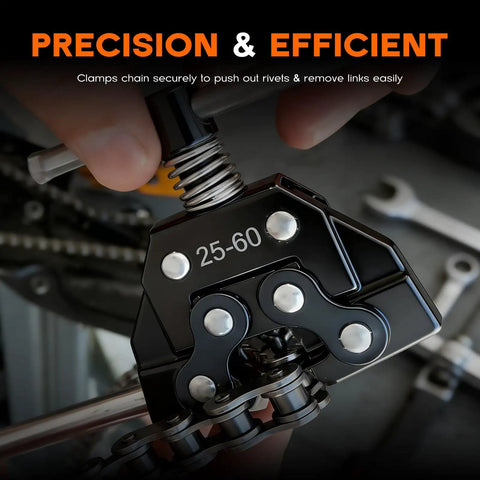 Close-up of All In One Roller Chain Tool Kit With Puller, Holder And Breaker Cutter For Bikes And Motorcycles, Fits ANSI 25 to 60