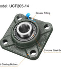 Heavy Duty Pillow Block Bearing Set UCF205-14 Seven Eighths Inch Bore Self Alignment With Solid Cast Iron Base showing grease fitting