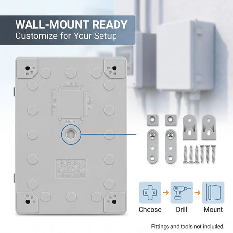Rugged IP67 Outdoor Electrical Junction Box ABS Weatherproof Enclosure showcasing wall-mount ready design and included grey mounting accessories.