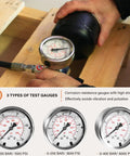 Hydraulic Nitrogen Accumulator Pressure Test Kit With 3 Gauges And 7 Adapters, focus on pressure testing with gauge.