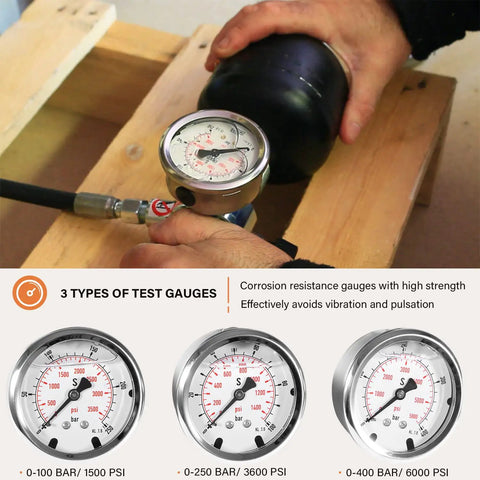 Hydraulic Nitrogen Accumulator Pressure Test Kit With 3 Gauges And 7 Adapters, focus on pressure testing with gauge.