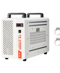 Solid Industrial Water Chiller With 5460 BtuH Cooling Output And Built In Compressor For CO2 Laser Engines Up To 150W Plus CNC Coolant Systems, white unit with control panel.