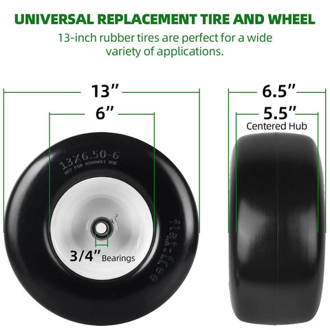 2-Pack 13x6.50-6 Flat Free Tire And Wheel For Riding Lawn Mowers Universal 13x6.5-6 Solid Rubber Tire With Rim Centered Hub
