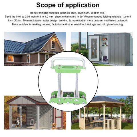 2 Station Roller Bender For 0 To 90 Degree Bends No Sweat Easy To Use Portable Manual Roof Sheet Metal Bender with building applications in background