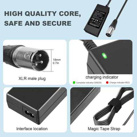 24V 2A Battery Charger For Mobility Scooters And Power Chairs With 3 Pin XLR Connector, charging indicator, and features