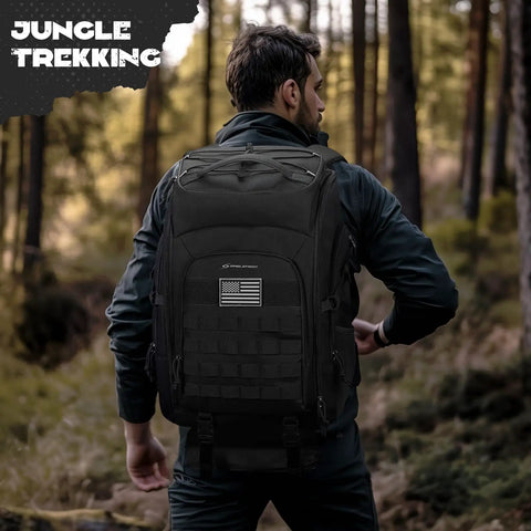 Tactical Backpack For Men 40L Water Resistant With Molle System For Hiking Camping And Gym, black rugged pack in forest