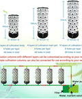 Diagram of vertical hydroponics tower kit with 10 tiers for indoor garden, showing three height variations, and assembly details
