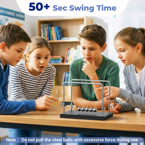 Children observing Newtons Cradle Desk Toy With 7 Beads Kinetic Pendulum for stress relief and visual gravity demonstration.