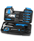 39 Piece All In One Home Tool Set in blue toolbox case for quick home repairs, furniture assembly, picture hanging, screw driving