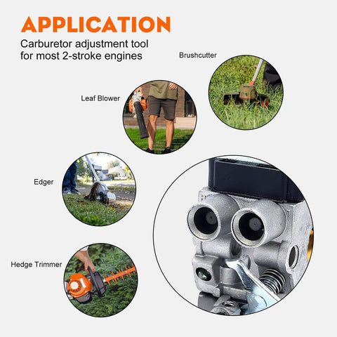 Application of Carburetor Adjustment Tool For Stihl Trimmers Edgers Pole Pruners And Husqvarna Craftsman Chainsaws With A 4mm Hex Head Jets Fits A Wide Range Of Saws And Small Engines Easy To Use No Fuss Precision Tuning on various equipment