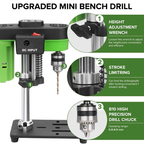Compact Mini Bench Drill Press For Home Use with height adjustment and high precision drill chuck for DIY projects.
