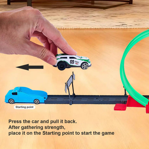 Hand placing toy car on Crazy Fun 360 Degree Loop Track With Eight Loops And Five 1 To 64 Scale Toy Cars Easy Storage Perfect Gift