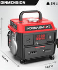 Gas Powered 1200W Portable Generator For Camping And Tailgating, 34 lbs, shown with dimensions and ergonomic handle