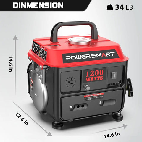 Gas Powered 1200W Portable Generator For Camping And Tailgating, 34 lbs, shown with dimensions and ergonomic handle