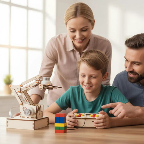 Child using Hands On Robotic Arm Kit For Kids Teens And Adults A Real STEM Toy With Motors Microcontroller Boards And Wires