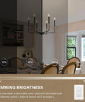 Premium Black Six Light Chandelier Rust Resistant Metal Candle Pendant Fixture for Dining Room showing dimming options.