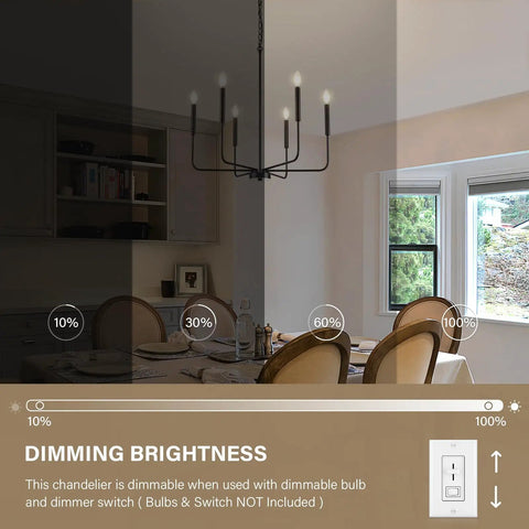 Premium Black Six Light Chandelier Rust Resistant Metal Candle Pendant Fixture for Dining Room showing dimming options.