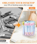 360 Degree Spin Drink Packet Organizer for Pantries and Cabinets, showing organized drink packets in a clear acrylic rotating holder.