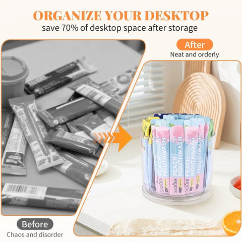 360 Degree Spin Drink Packet Organizer for Pantries and Cabinets, showing organized drink packets in a clear acrylic rotating holder.