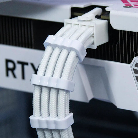 Close-up of white cable with clips from 24 Pack PSU Wire Management Clips Kit For ATX Power Cables, White Cable Organizers For 12VHPWR X4, 24 Pin X4, 8 Pin X16, Fits 3mm To 3.5mm Gauge, Easy Cable Routing, Clean Rig Interior