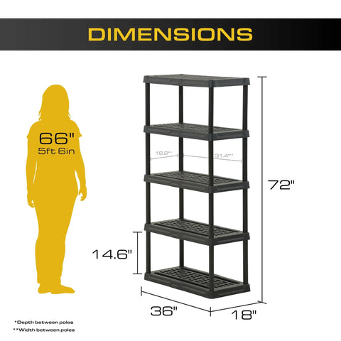 Heavy Duty Five Tier Plastic Storage Shelves For Garage Organization Rust Resistant Black Shelving Unit Handles One Hundred Fifty Pounds Per Bay Solid Two Pack Keeps Your Setup Top Shelf And Ready For Any Weekend Warrior