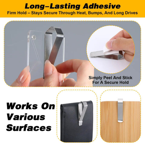 Stainless Steel Car Sun Visor Clips With Adhesive Mounting Kit For Custom Photo Displays shown on various surfaces