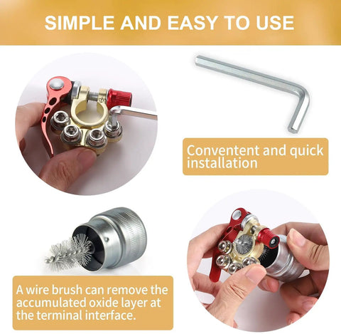 4 Way Car Battery Terminal Connector With Quick Release Clip, installation process, wire brush cleaning, copper tin material, easy use