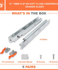 Undermount Drawer Slides With Self Soft Close For 12 Inch Cabinets One Half To Five Eighths Inch Side Panels Concealed Bottom Mount Track 75 Lb Capacity 3D Adjustable Lock Kitchen Drawer Hardware showing slides, lock devices, instructions, screws