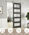 36 Inch By 96 Inch Glass Barn Door With 5 Panel Frosted Glass, Solid Wood Core Wrapped In Waterproof PVC, Black Finish, Installed