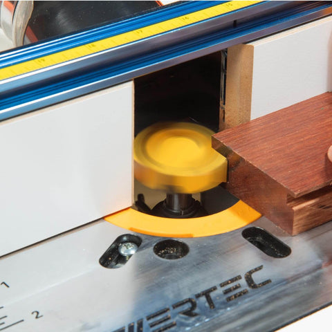 Installed slab flattening router bit, one quarter inch shank, two inch diameter, cutting wood, for CNC wood surfacing milling.