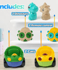 Remote Control Dinosaur Car Toy Two Pack With Lights And Music For Toddlers Boys Ages 2 To 5 showing cars, figures, remotes