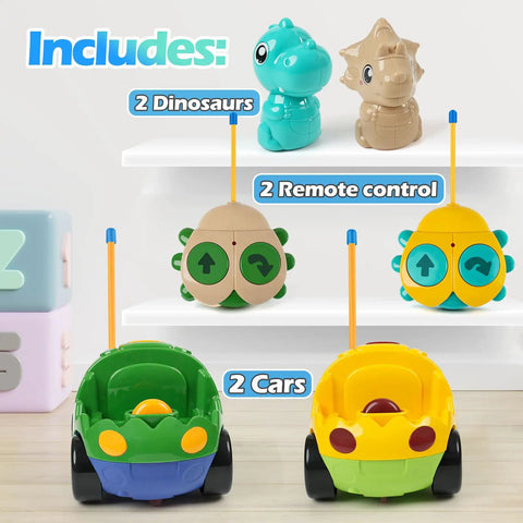 Remote Control Dinosaur Car Toy Two Pack With Lights And Music For Toddlers Boys Ages 2 To 5 showing cars, figures, remotes