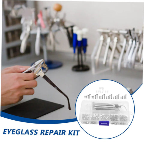 Person holding glasses with Eyeglass Repair Kit With Precision Screwdriver Set Sunglass Screws Replacement Nose Pad Cushions Tweezer Set in view