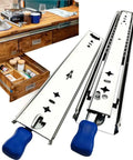 Beefy Heavy Duty Drawer Slide With Lock In And Lock Out For 10 To 60 Inch Drawers, Three Fold Guide, Smooth Silent Operation, Rust Resistant Electroplated And Powder Coated Finish, Tough Steel Construction For Long Lasting Performance installed on a kitchen drawer