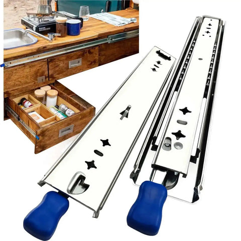 Beefy Heavy Duty Drawer Slide With Lock In And Lock Out For 10 To 60 Inch Drawers, Three Fold Guide, Smooth Silent Operation, Rust Resistant Electroplated And Powder Coated Finish, Tough Steel Construction For Long Lasting Performance installed on a kitchen drawer