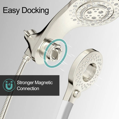 Magnetic 2 In 1 Shower Head With Handheld Sprayer And On Off Water Saving Switch with anti-kink hose and brushed nickel finish illustrating easy docking and magnetic connection