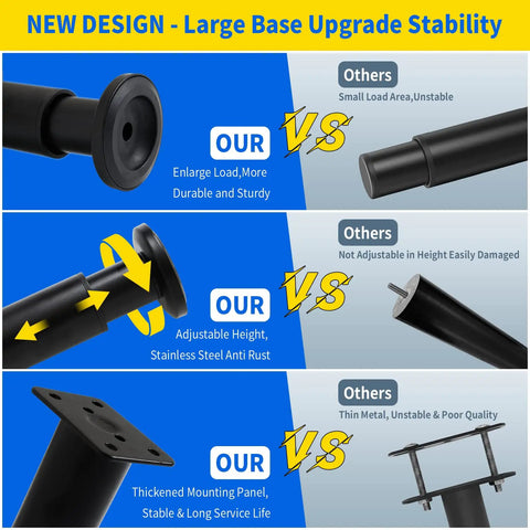Comparison chart showing heavy duty adjustable furniture support legs set vs competitors, highlighting stability and durability features.