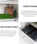 Premium White Aluminum Charging Cabinet Featuring Secure Locking Drawers For Thirty Laptops Tablets And Phones with internal divisions.