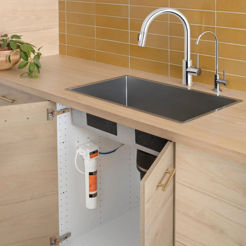 UF-15 Carbon Block Water Filter Replacement For Coral UC100 Under Sink Filtration System installed in kitchen cabinet