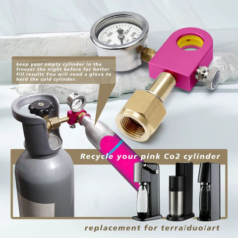 Purple Upgrade Soda Refill Adapter For 60L Pink CO2 Cylinders with gauge shown connected to a soda maker.