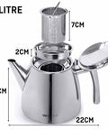 Top Tier Stainless Steel Teapot With Integrated Fine Mesh Infuser And Double Wall Construction That Stays Piping Hot One Liter Capacity, close-up view with measurements.